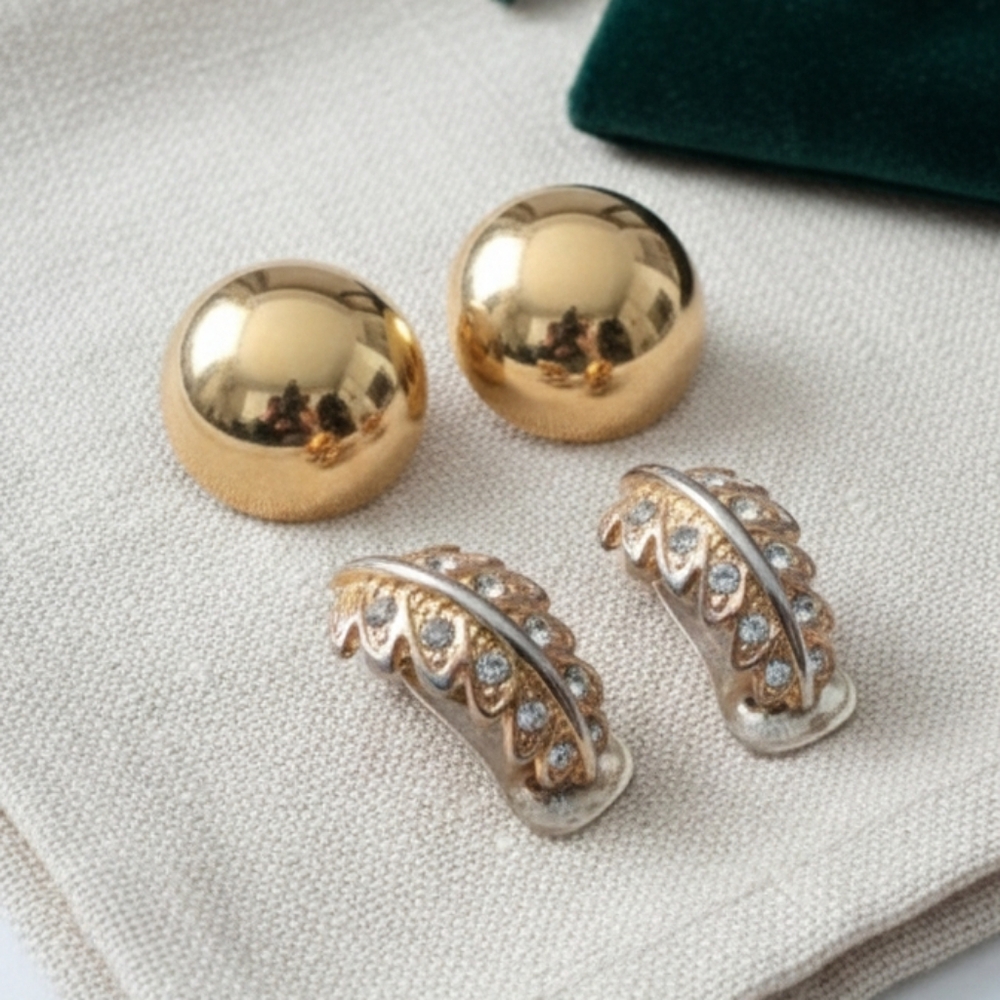 Lot of 2 Vintage Clip-On Earrings: Gold Tone Polished Domes & Stone Feathers